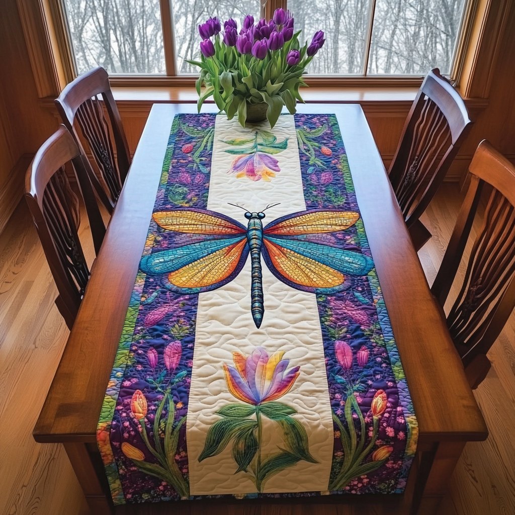 Dragonfly on Cream with Flowers Table Runner