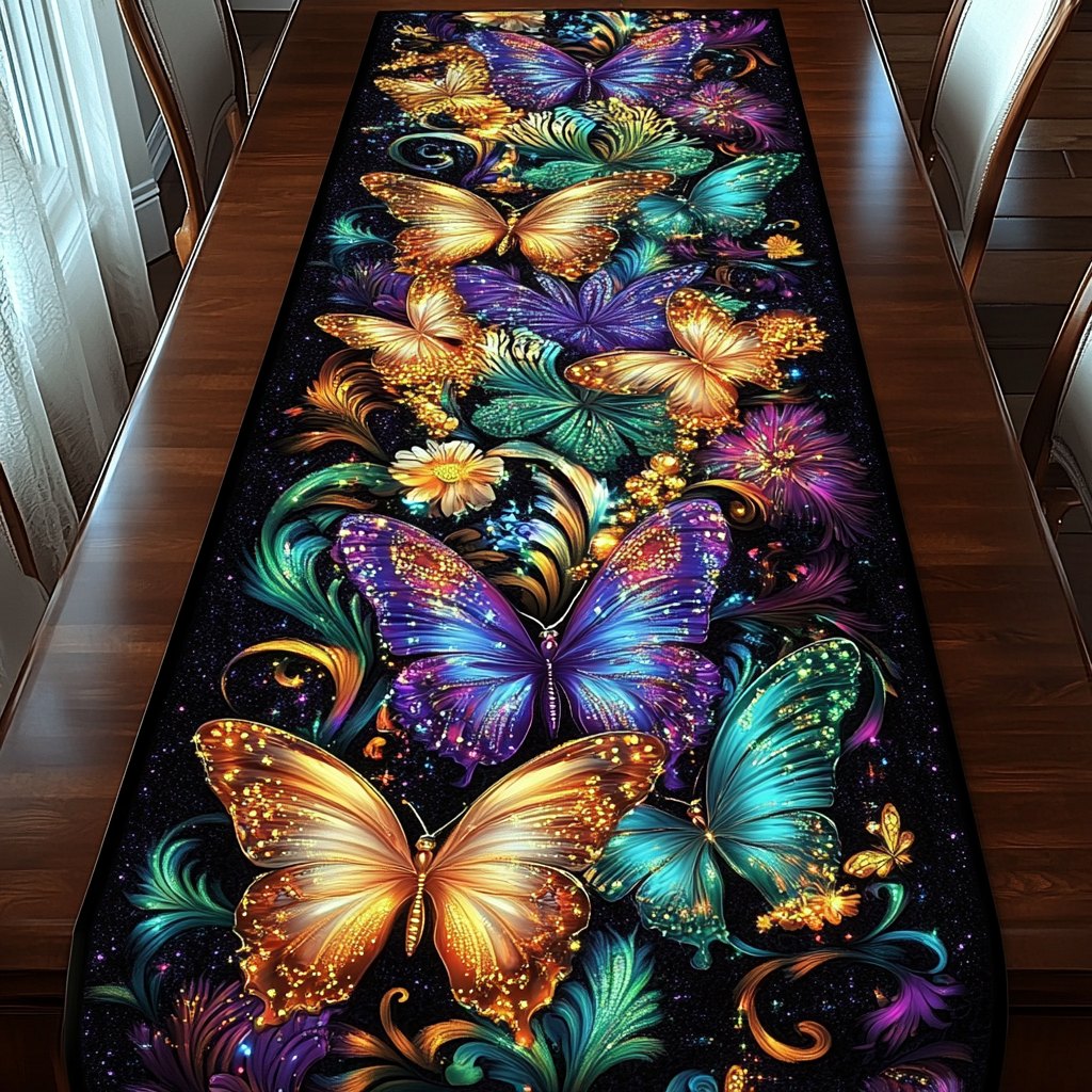 Gold and Teal Butterflies on Black Table Runner
