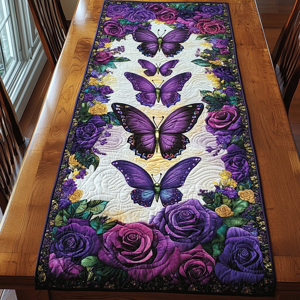 Purple Butterflies with Roses Table Runner