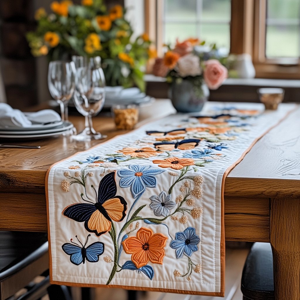 Butterflies with Blue Flowers on Cream Table Runner