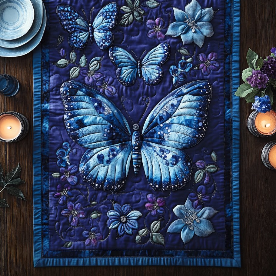 Blue Butterfly on Navy Panel Table Runner