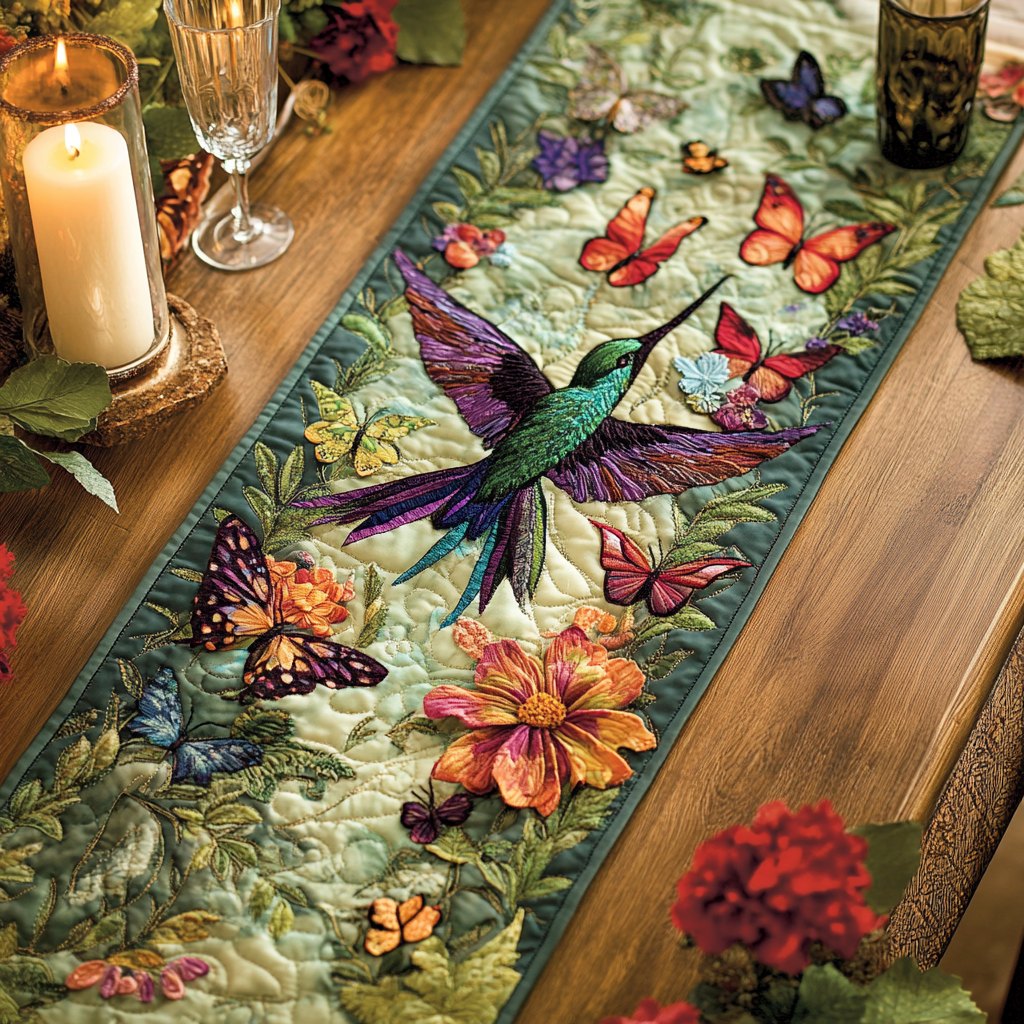 Hummingbird with Flowers and Butterflies Table Runner