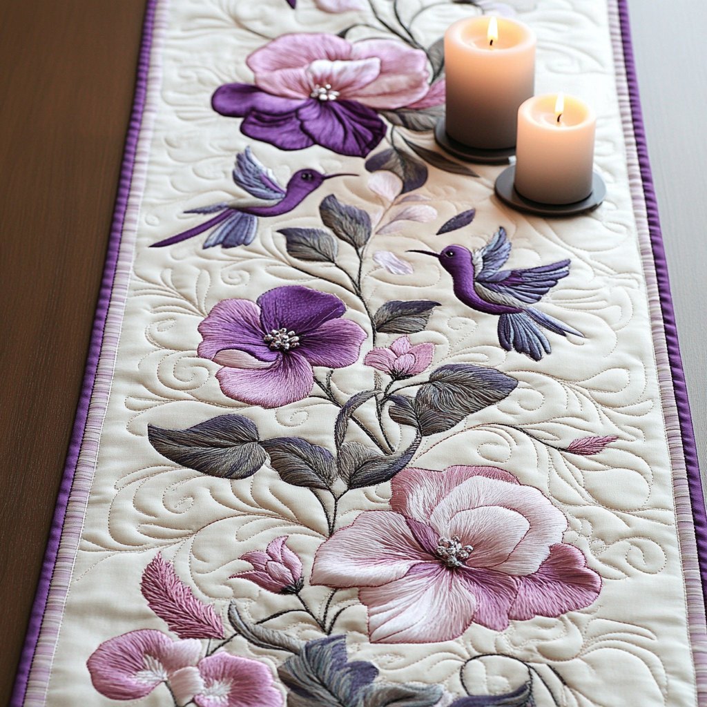 Pink and Purple Blooms on Cream Table Runner