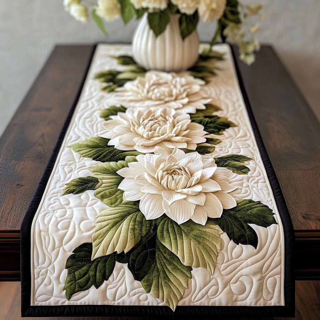 White Dahlia Elegance Table Runner