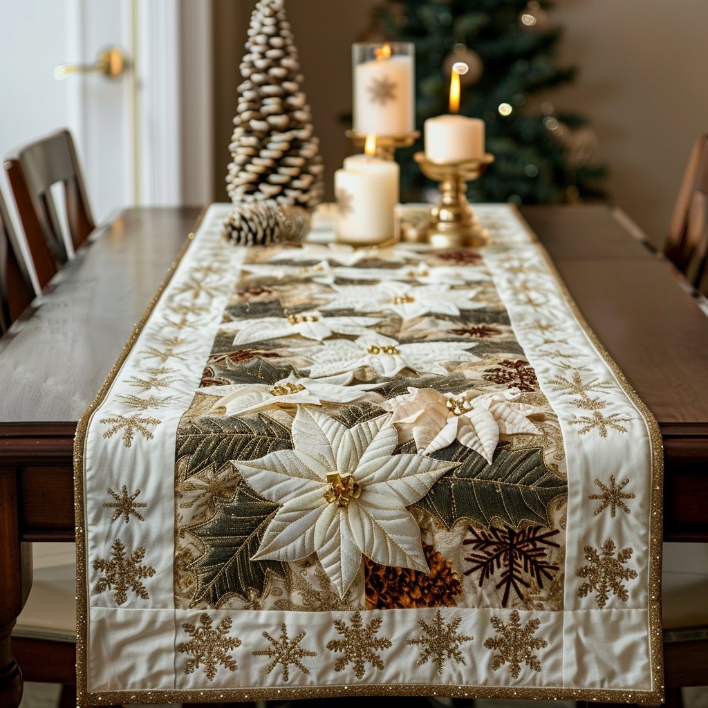 White Poinsettia Flowers Table Runner