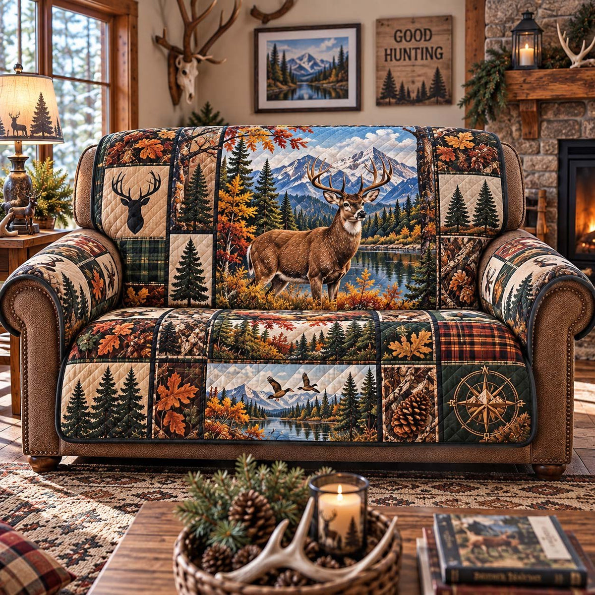 Compass Patchwork Mountain Buck Sofa Cover