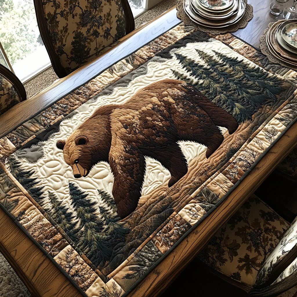 Brown Bear on Cream Panel Table Runner