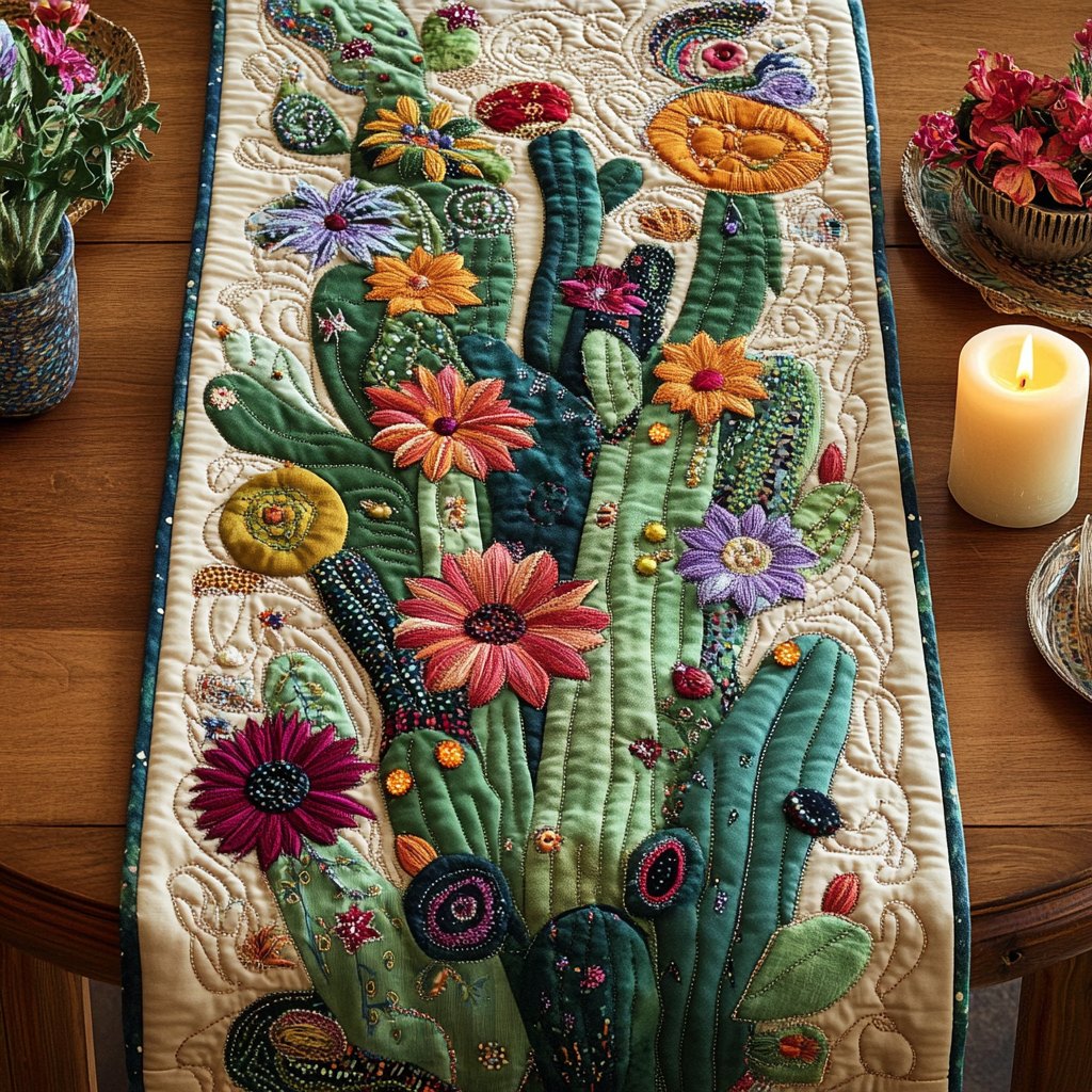 Blooming Cactus in Bright Colors Table Runner