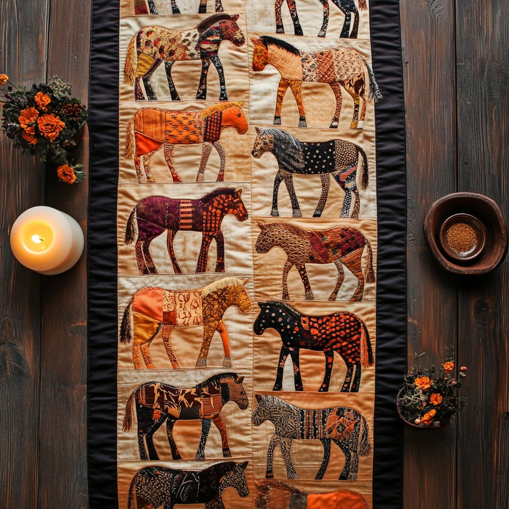 Horses on Cream Quilt Blocks Table Runner