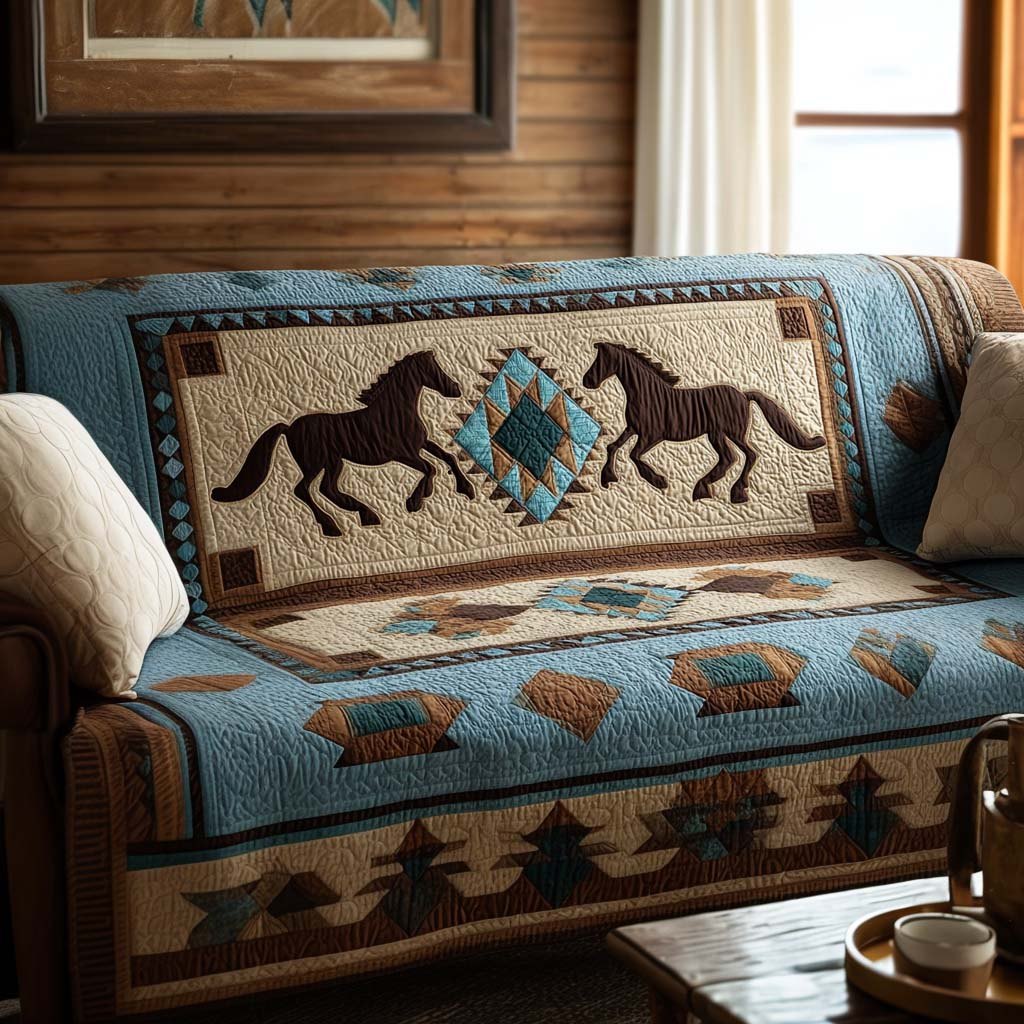 Horses on Blue Southwest Panel Sofa Cover