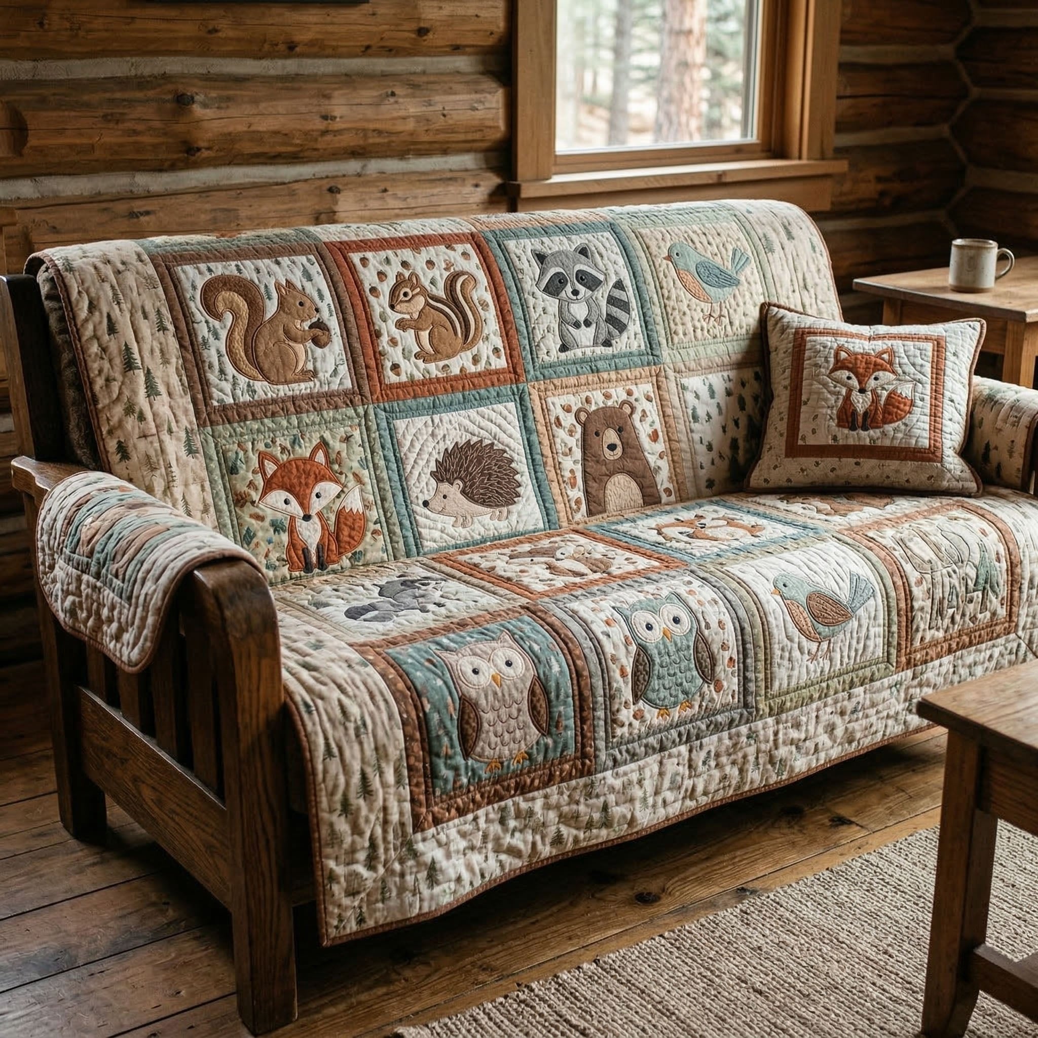 Woodland Animals on Cream Squares Sofa Cover