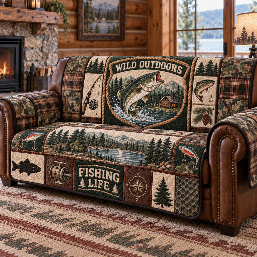 Wild Outdoors Fishing Patchwork Sofa Cover