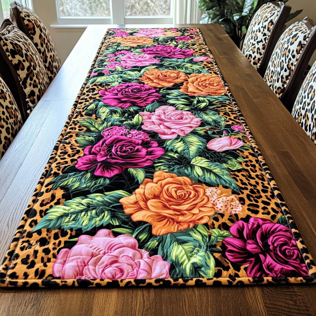 Roses with Leopard Print Border Table Runner
