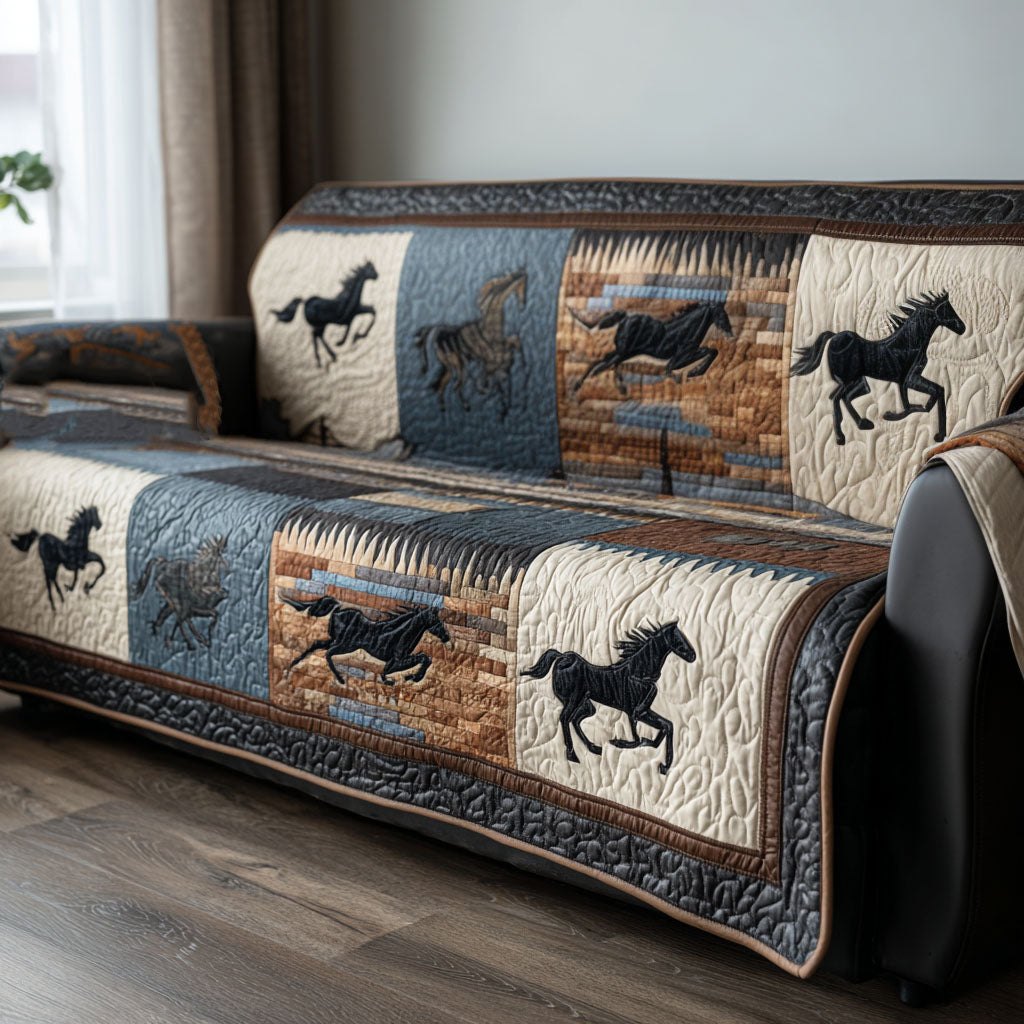 Running Horses on the Stone Wall Sofa Cover