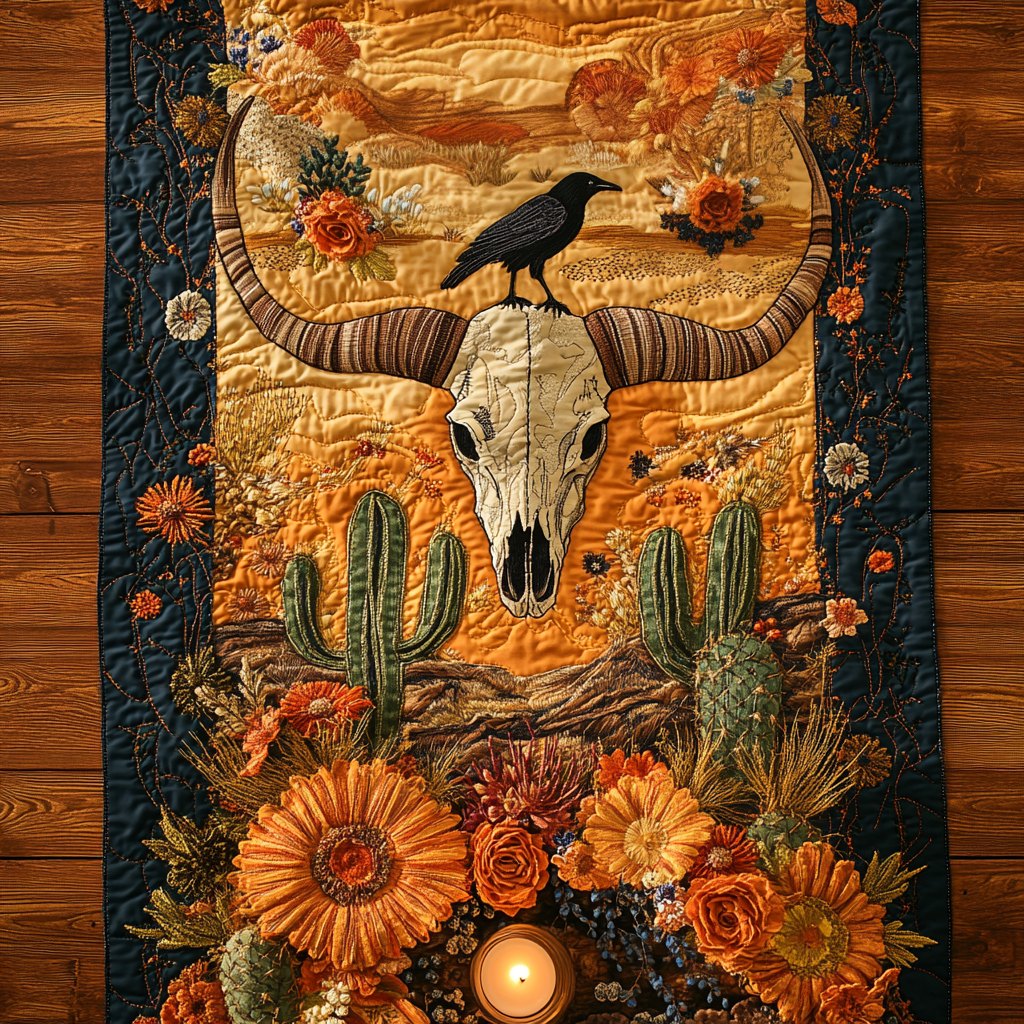 Steer Skull with Cactus and Flowers Table Runner