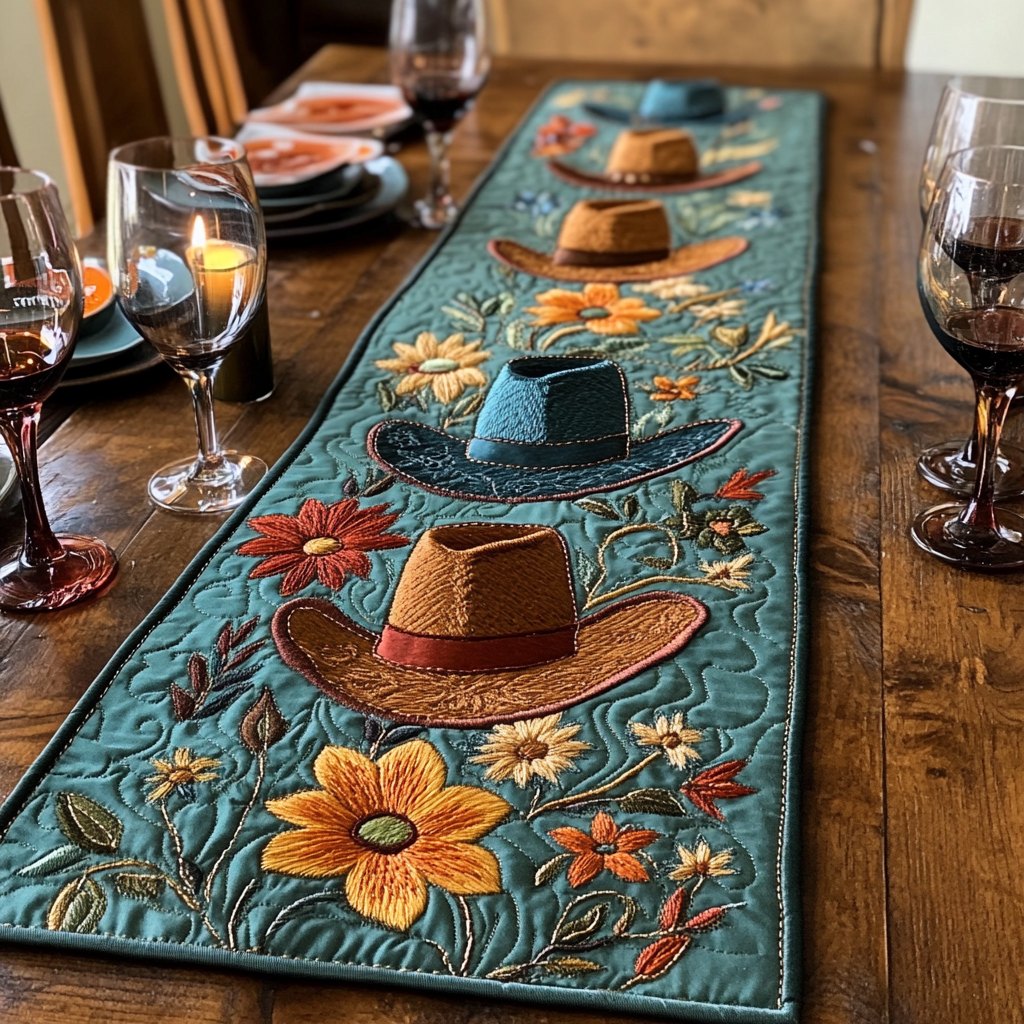 Cowboy Hats with Flowers on Teal Table Runner