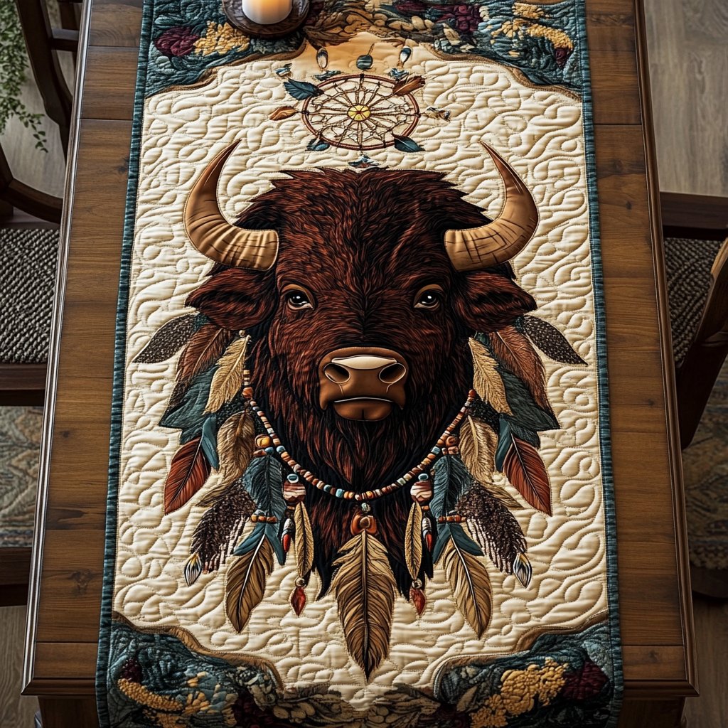 Bison with Feather Headdress Table Runner