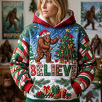 Believe Bigfoot Christmas Tree hoodie, all-over print