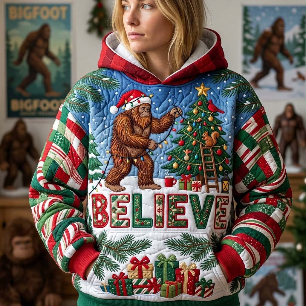 Believe Bigfoot Christmas Tree hoodie, all-over print