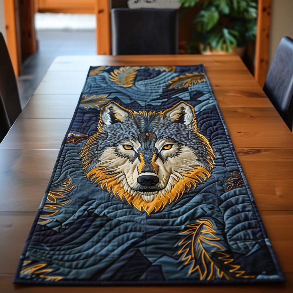 Wolf on Navy Ground Table Runner