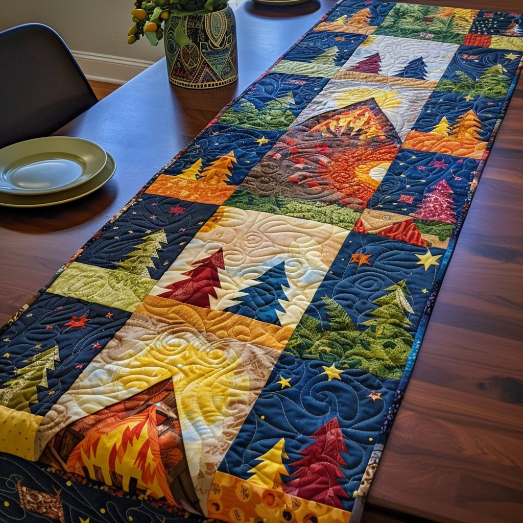 Christmas Trees on Colorful Blocks Table Runner
