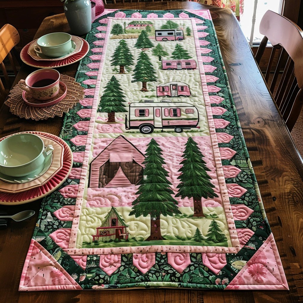 Camper with Pine Trees on Pink Table Runner