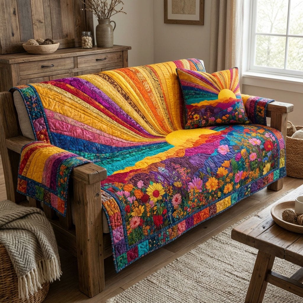 Sunrise Over Rainbow Flower Fields Sofa Cover