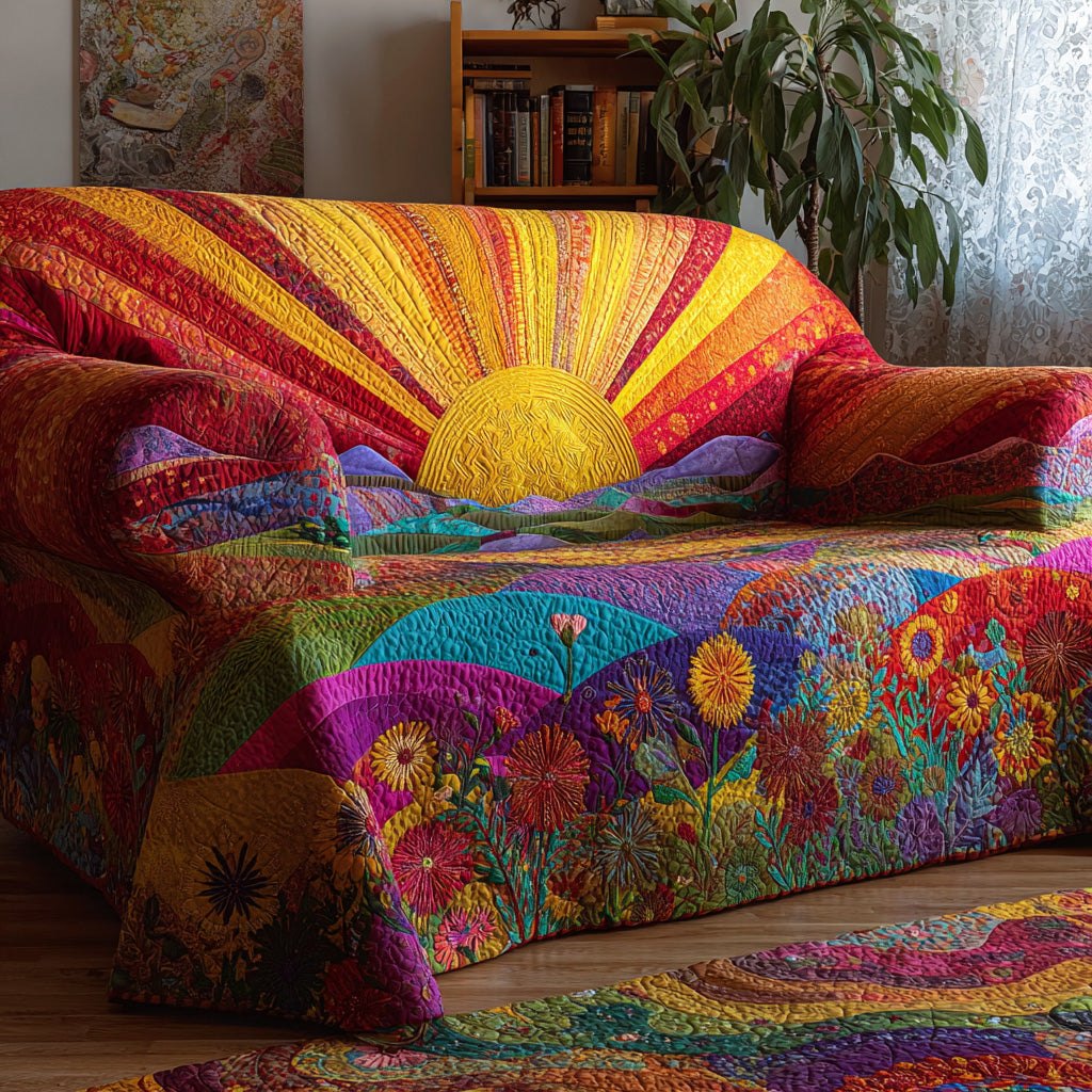 Yellow Sun Over Purple Flower Hills Sofa Cover