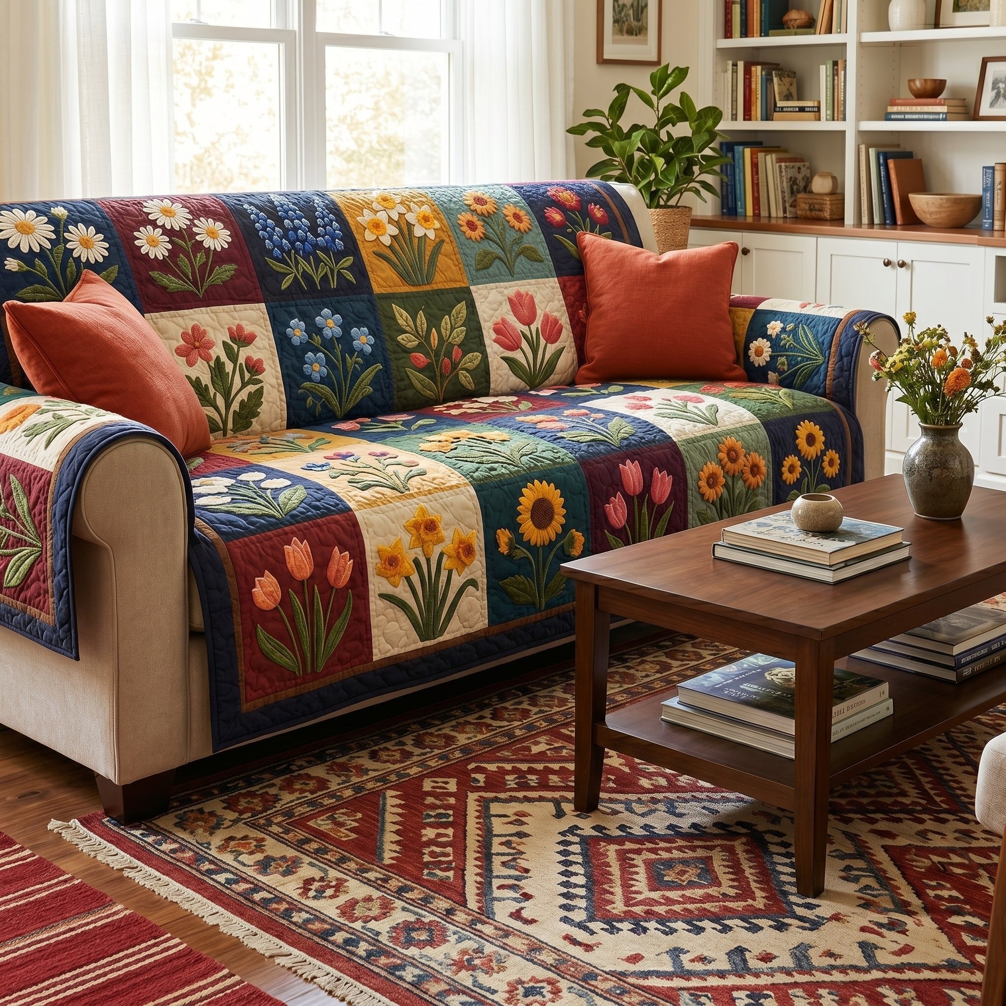 Flowers in Bright Jewel Blocks Sofa Cover