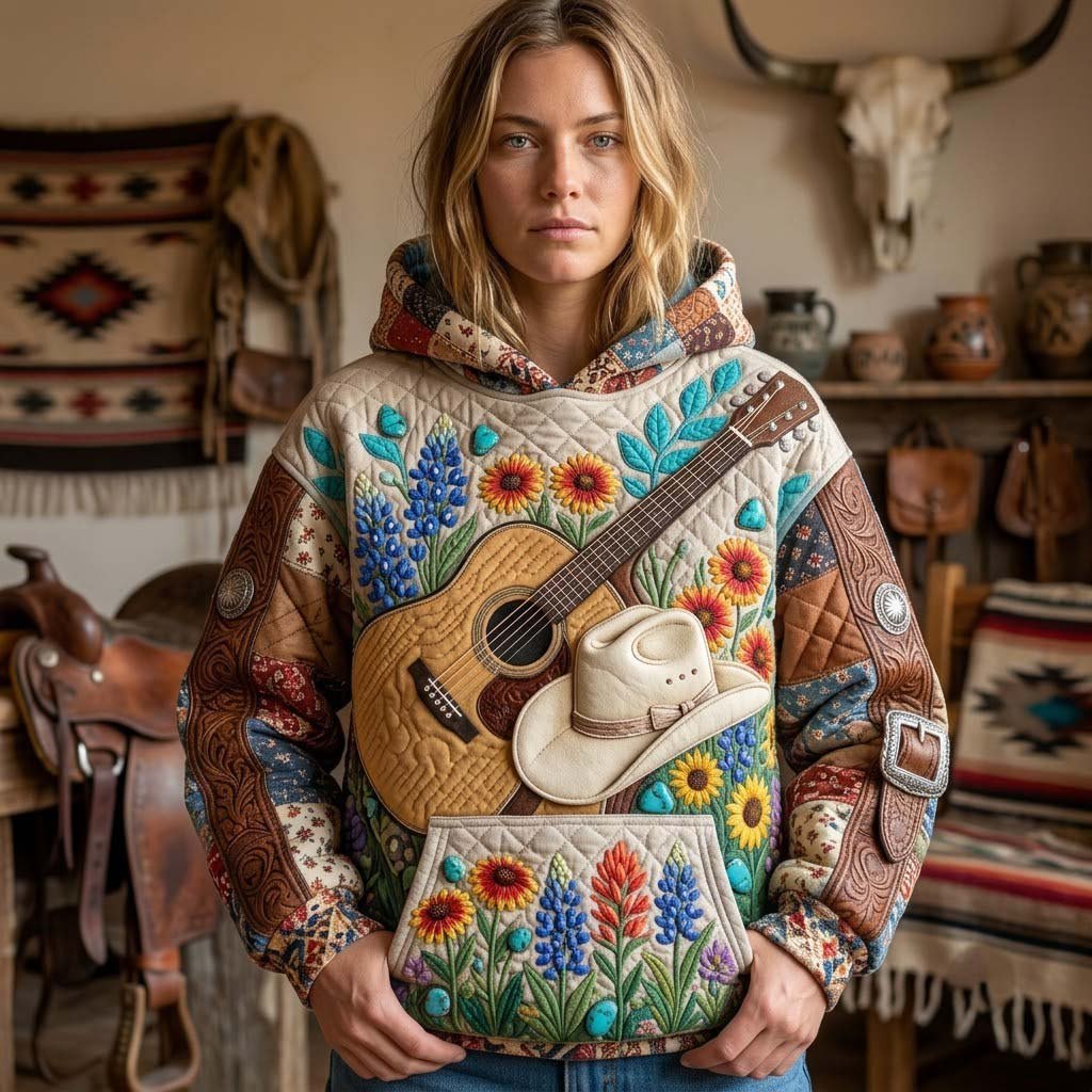 Guitar Hat and Sunflowers hoodie, all-over print