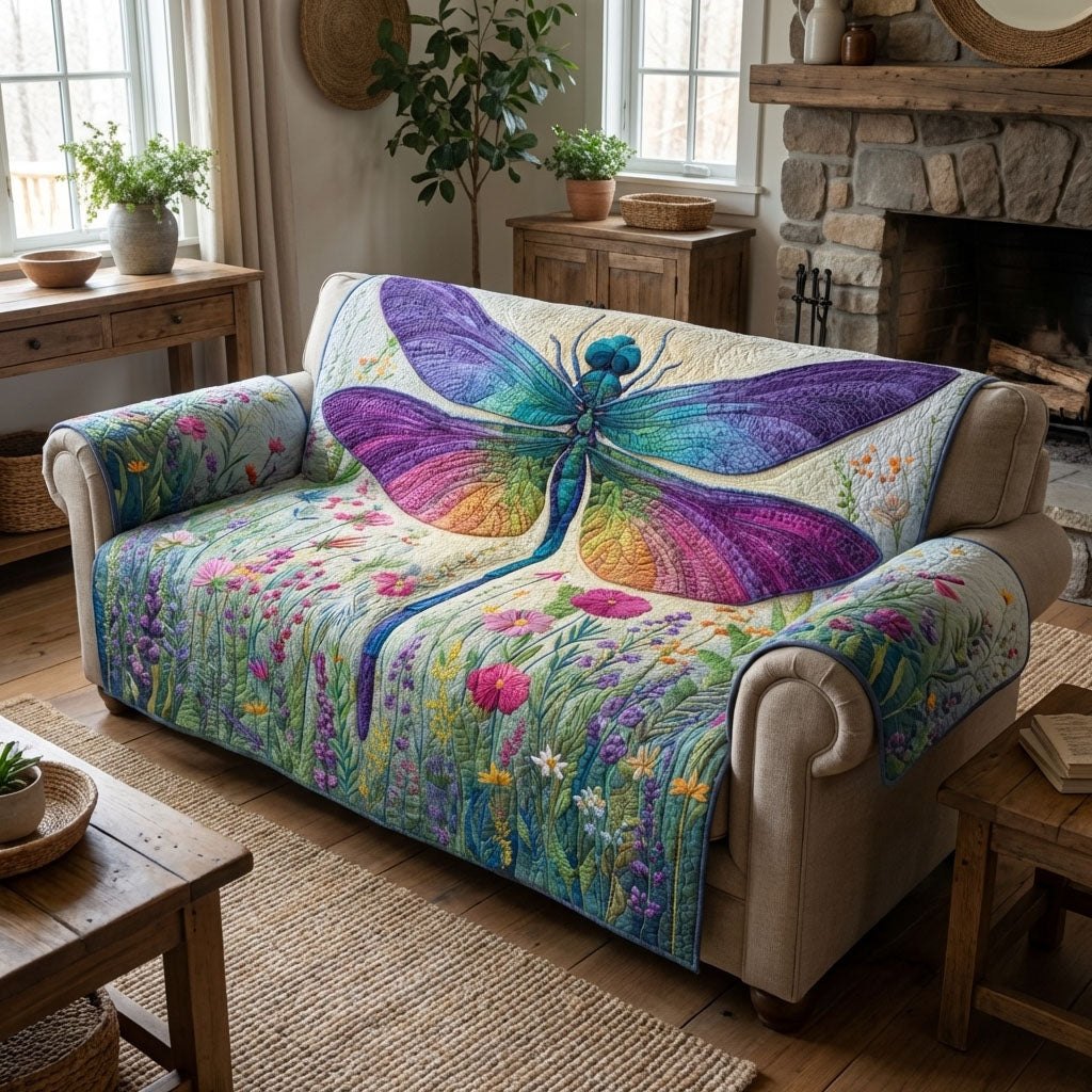 Purple Dragonfly Over the Wildflowers Sofa Cover