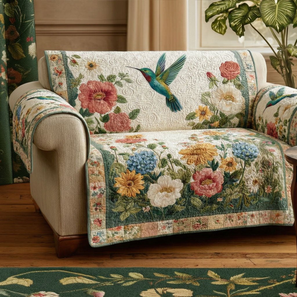 Hummingbird with Pastel Garden Flowers Sofa Cover