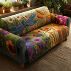 Dragonfly Over a Bright Flower Field Sofa Cover