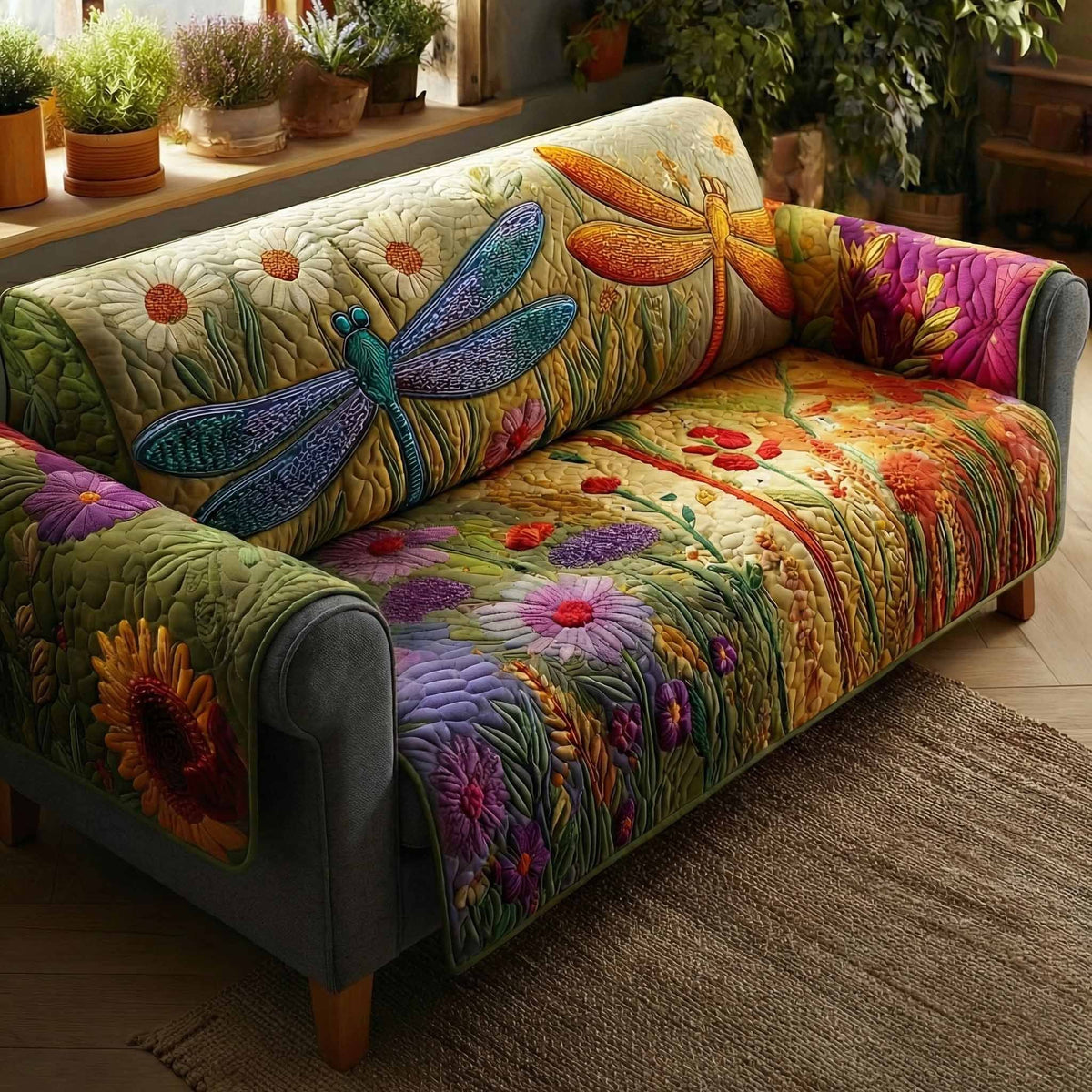 Dragonfly Over a Bright Flower Field Sofa Cover