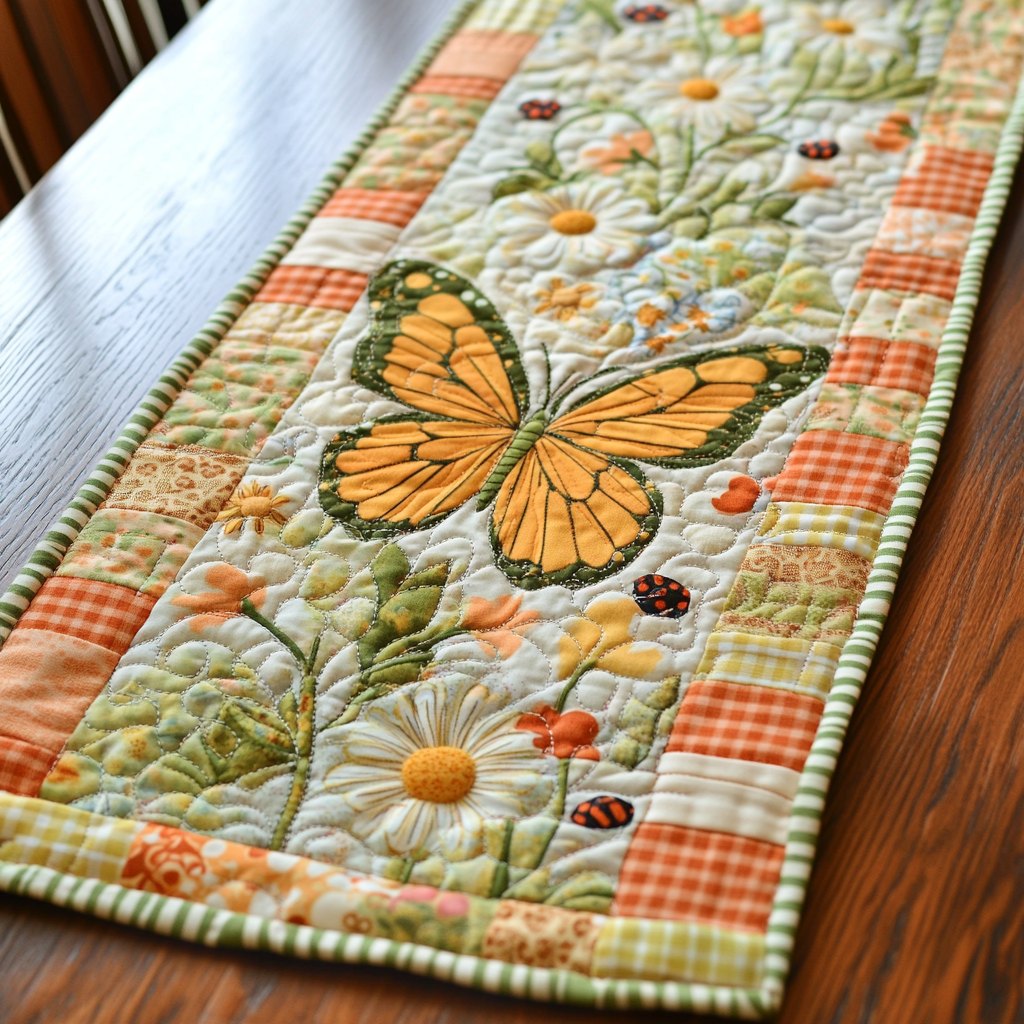 Butterfly with Daisies on Plaid Table Runner