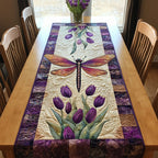 Dragonfly with Tulips on Purple Table Runner