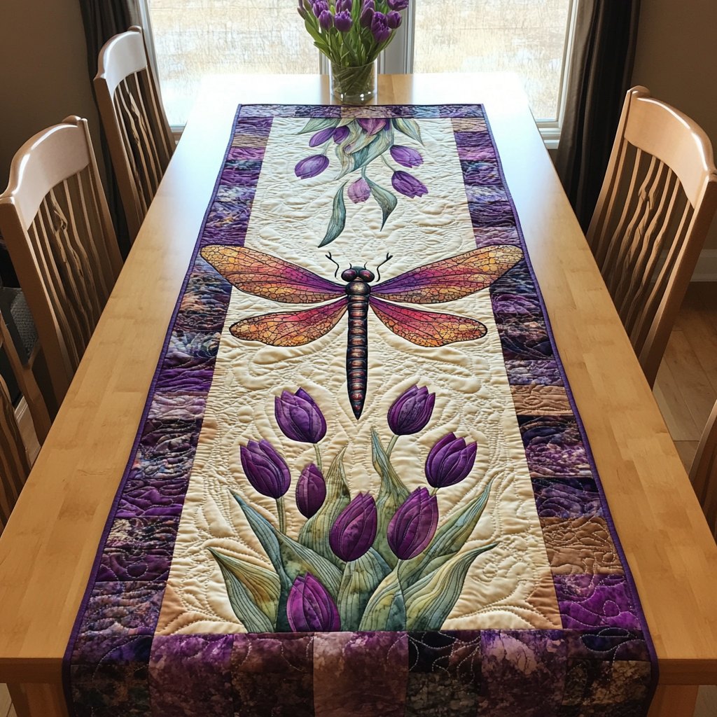 Dragonfly with Tulips on Purple Table Runner