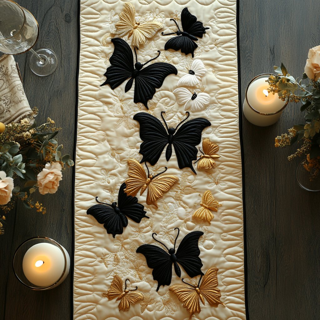 Black Butterflies on Cream Table Runner