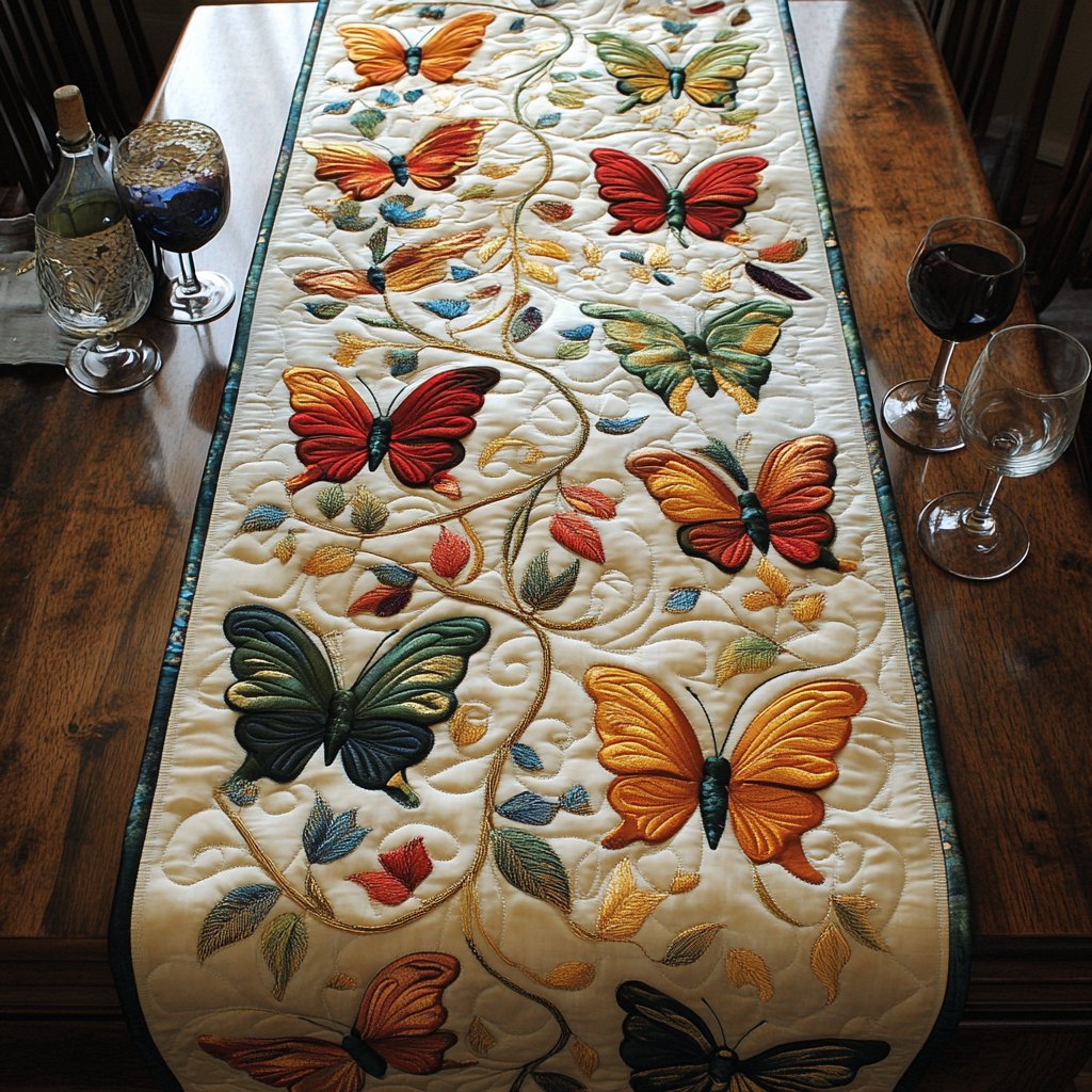 Butterflies on Cream with Flowers Table Runner