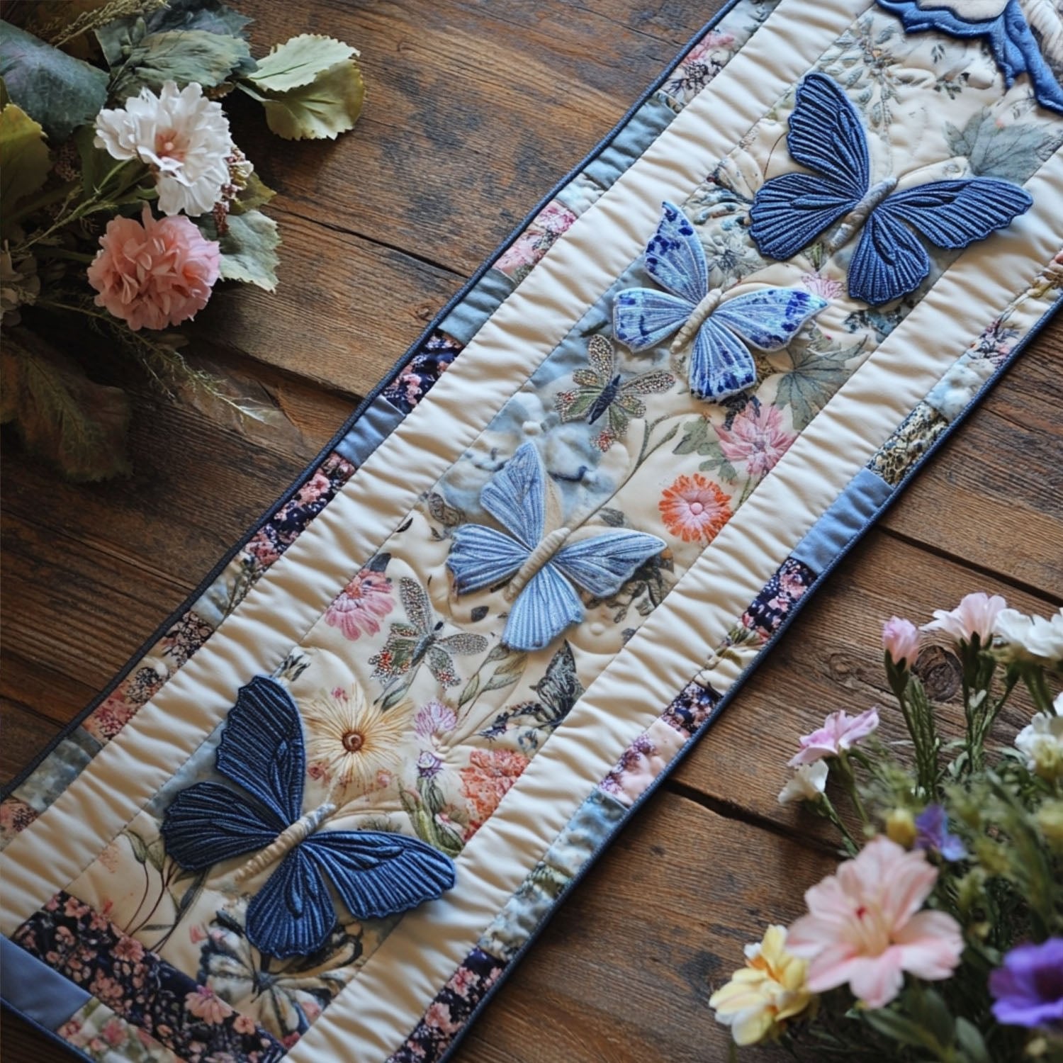 Blue Butterflies on Pale Stripes Table Runner