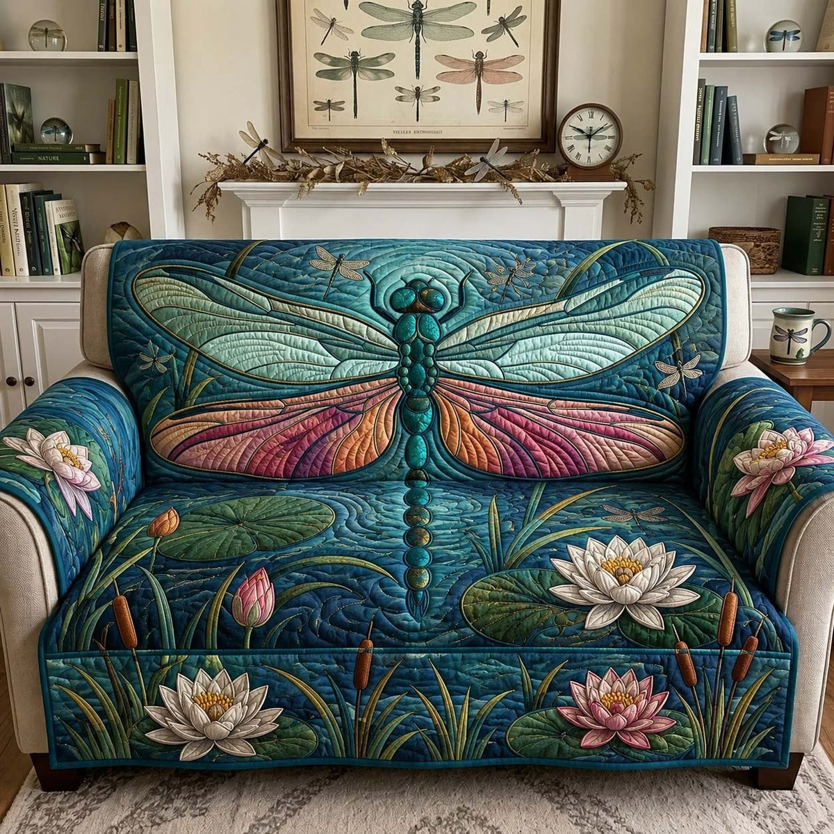 Dragonfly over Blue Water Lilies Sofa Cover