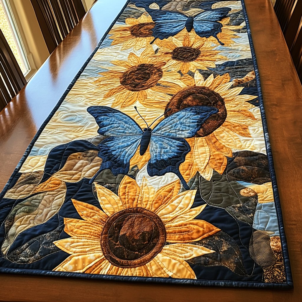 Blue Butterfly on Sunflowers Table Runner