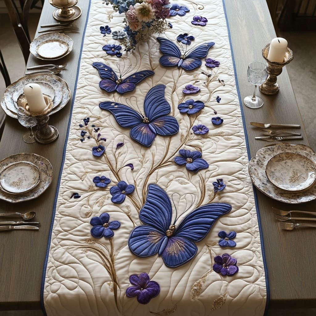 Wings of Wonder Purple Butterflies on Cream Panel Table Runner