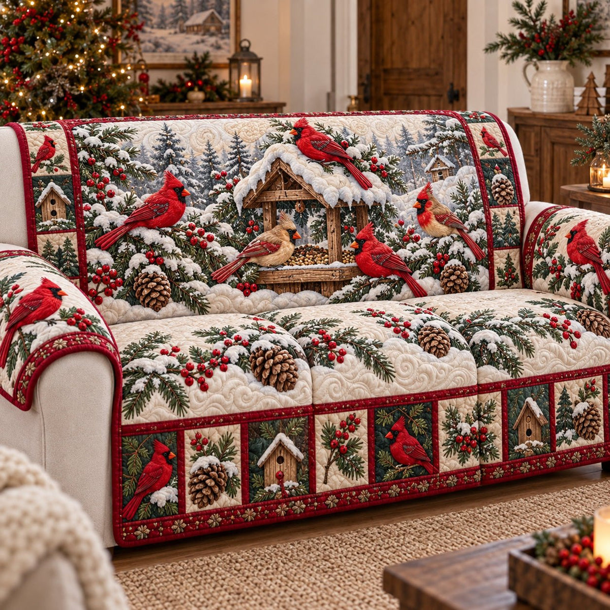 Winter Birdhouse Cardinal Sofa Cover