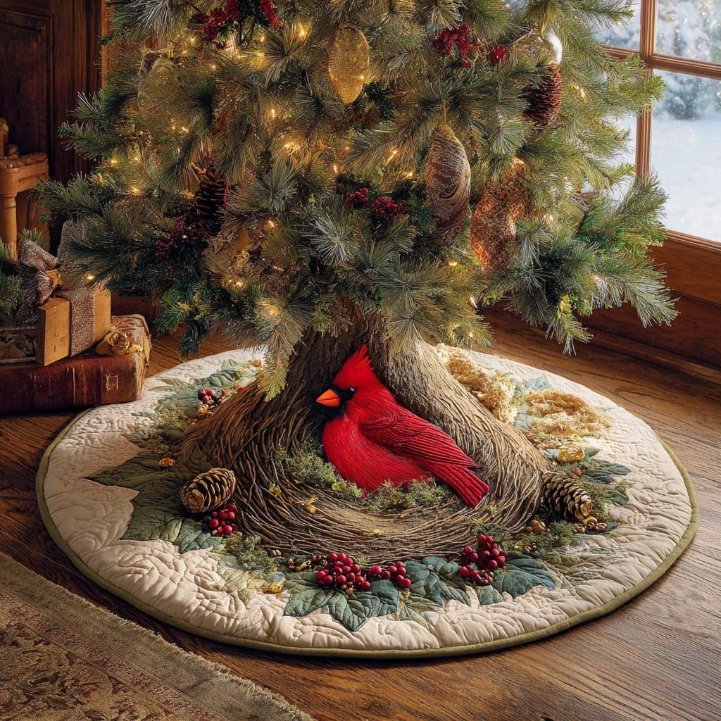 Winter Cardinal Nest Christmas Tree Skirt