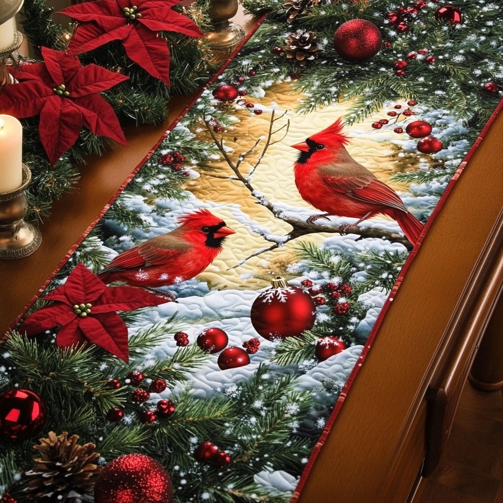 Two Cardinals in Snowy Branches Table Runner