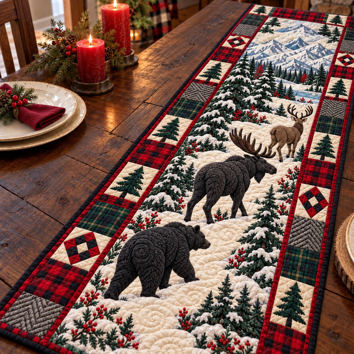 Moose and Bear Snowy Pines Table Runner