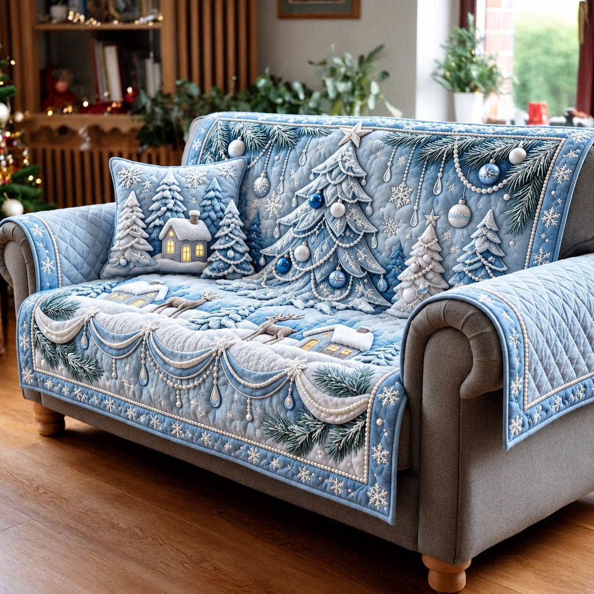 Frosted Cabin Winter Forest Sofa Cover