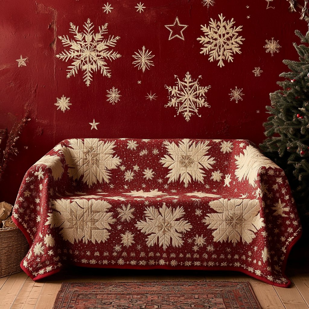 Cream Snowflakes on Deep Red Sofa Cover