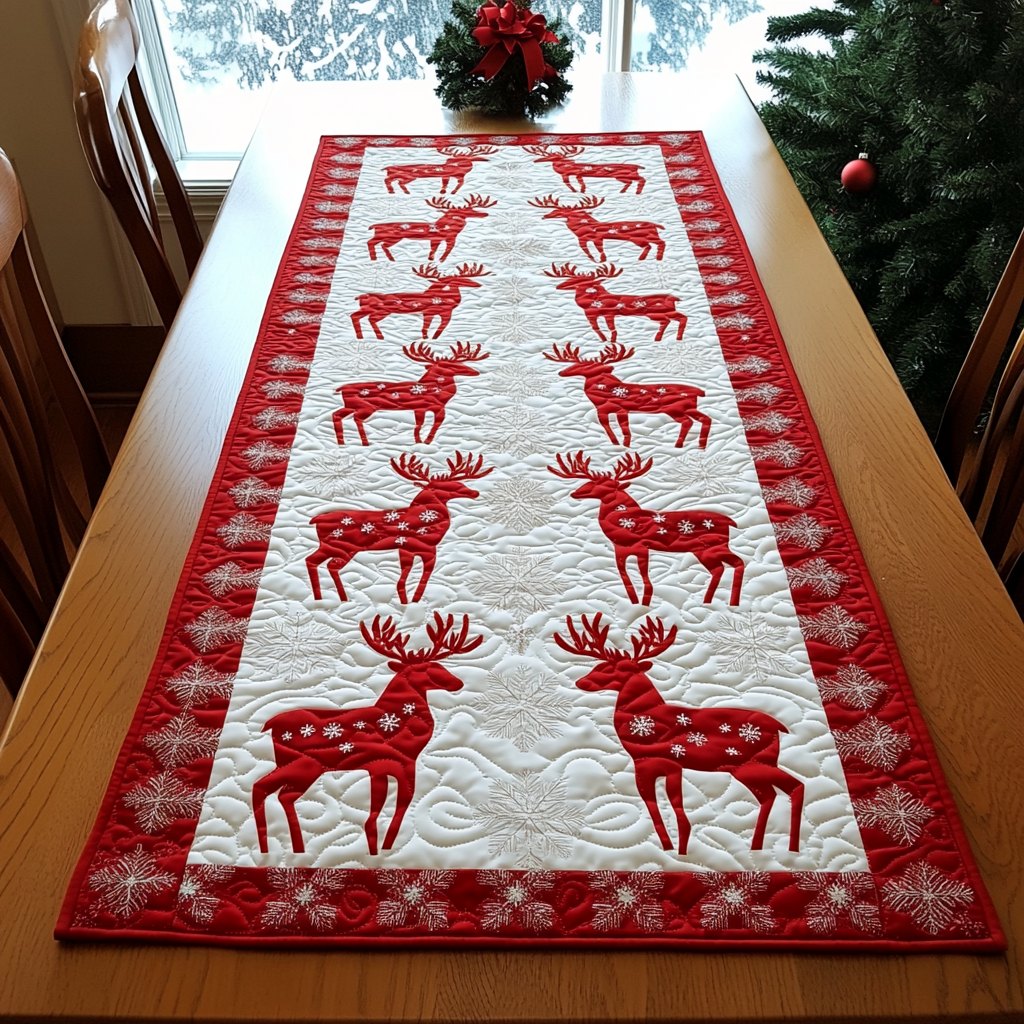Red Reindeer Rows on Cream Table Runner